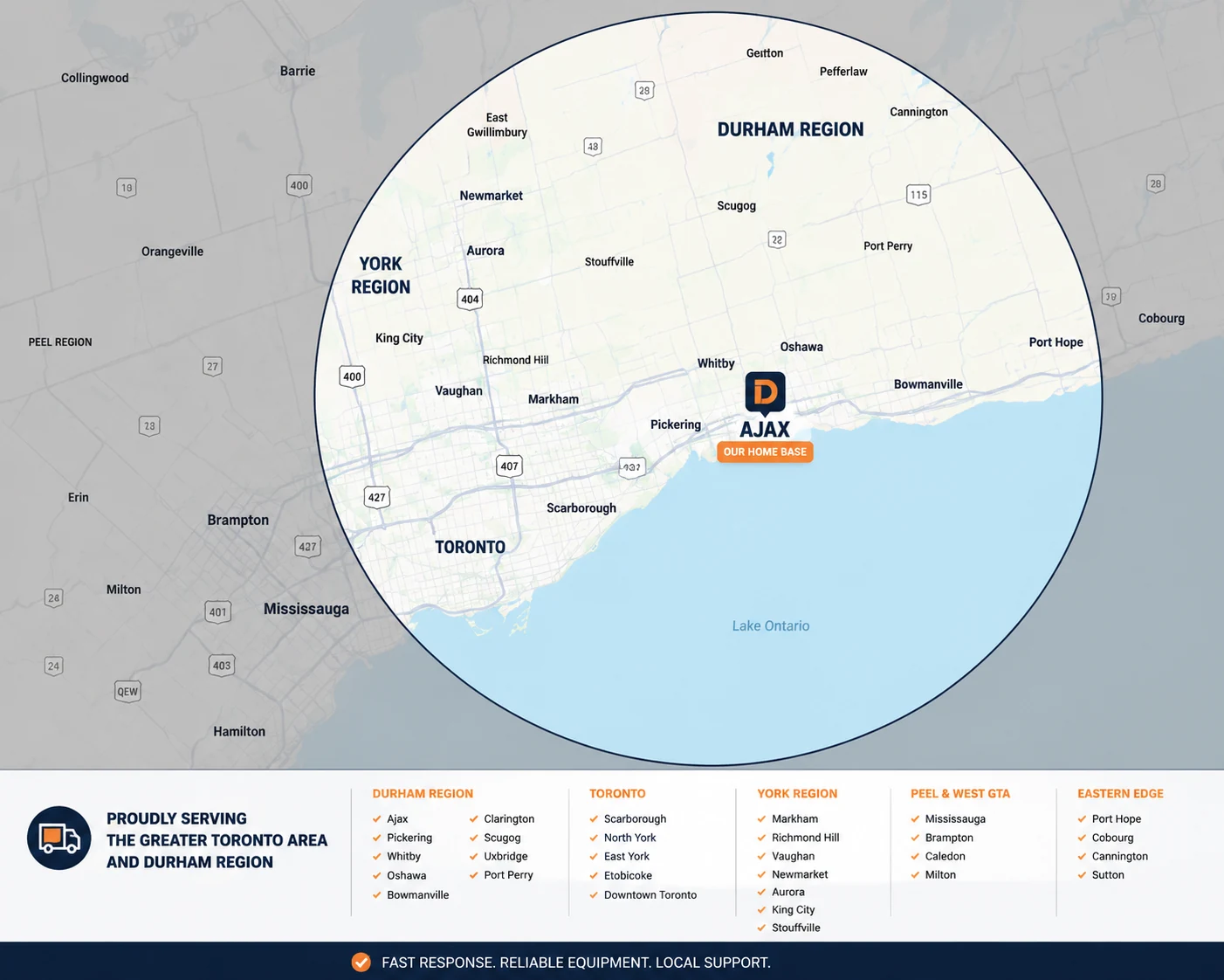 DryPro Equipment service coverage map for Ajax, Durham Region and the Greater Toronto Area